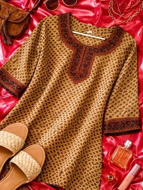 Boho Indian Block Print Tunic Top Gold Brown Embroidered Neck Small